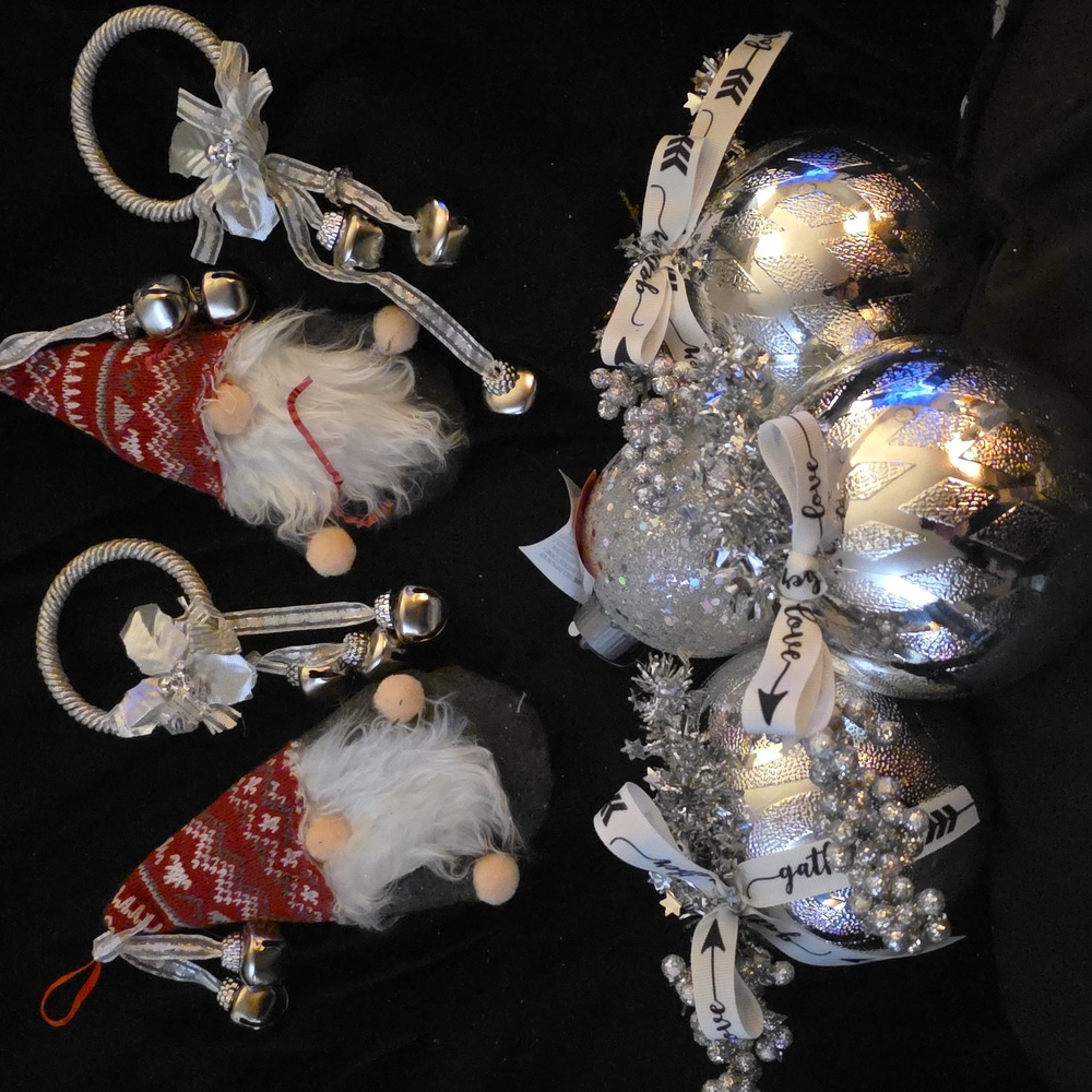 Silver Glitter & Sparkle Christmas Ornaments & Gnome & Jingle Bells Set